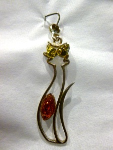 Amber - Sterling Silver Cat Pendant with green & honey Amber