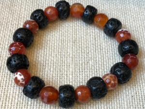 Lava 'wheel' Bead with Fire Agate round' Bead, 18cm Elasticated Bracelet (refSHMB2114)