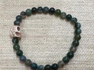 Skull (Magnesite) with Moss Agate - 6mm Beads, 19cm Elasticated Bracelet (Ref SHMB2695) 