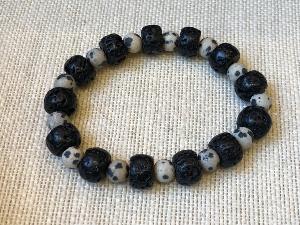 Lava 'wheel' Bead with Dalmatian Jasper' round' Bead, 21cm Elasticated Bracelet (refSHMB2113)