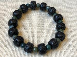 Lava 'wheel' Bead with Moss Agate round Bead, 20cm Elasticated Bracelet (refSHMB2117)