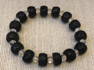 Lava 'wheel' Bead with Quartz round Bead, 20cm Elasticated Bracelet (refSHMB2118)