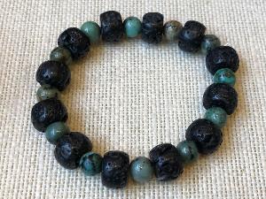 Lava 'wheel' Bead with African Turquoise round Bead, 20cm Elasticated Bracelet (refSHMB2211)